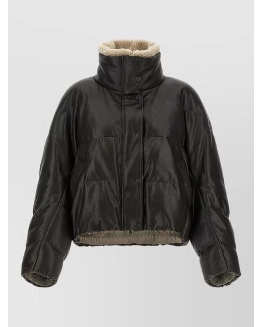 Brunello Cucinelli Black Padded Leather Jacket High Collar Sleeves