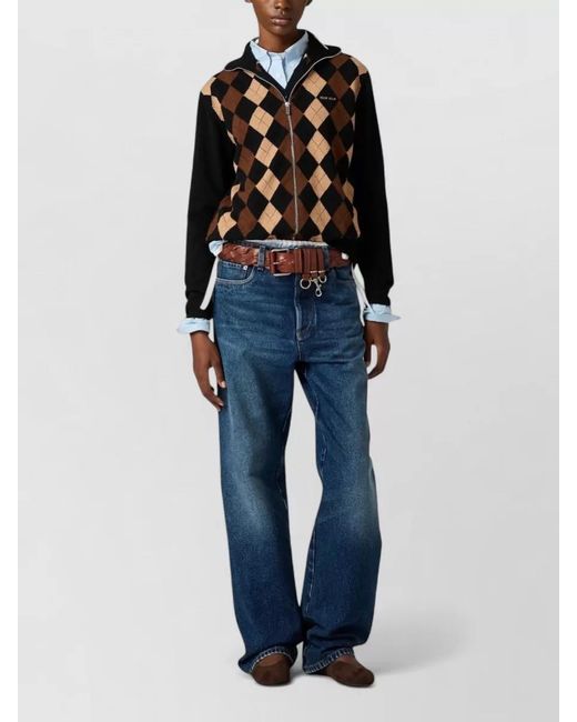 Miu Miu Black Cashmere Cardigan Argyle Pattern High Neck