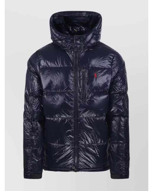 Ralph Lauren Blue Quilted Puffer Jacket With High Collar Hood for men