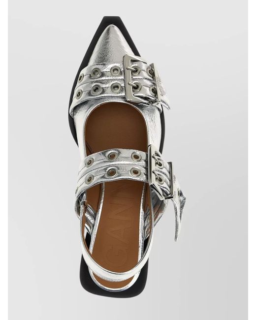 Ganni Metallic Leather Buckle Slingback Ballerina Shoes