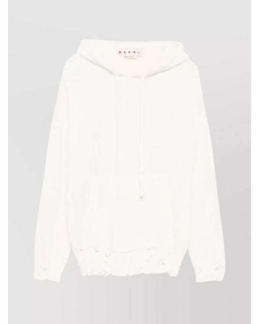 Marni White Hooded Sweatshirt With Distressed Hem And Front Pocket for men