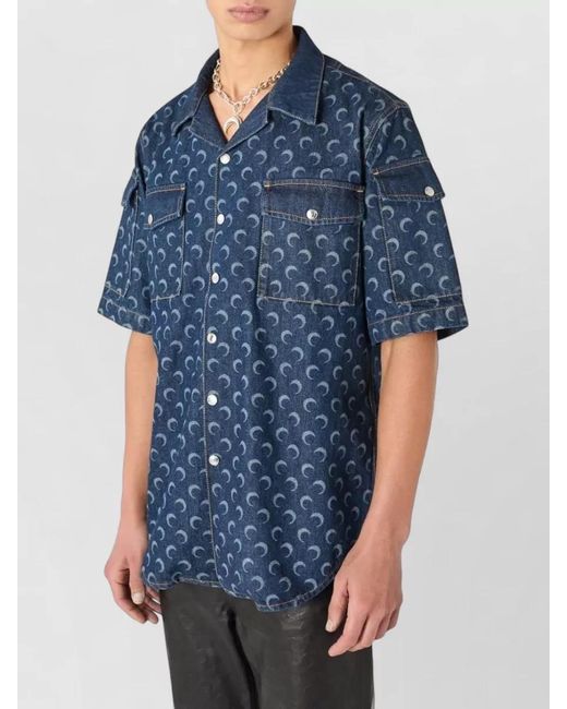 MARINE SERRE Blue Denim Shirt Moon Motif Short Sleeves Pockets for men