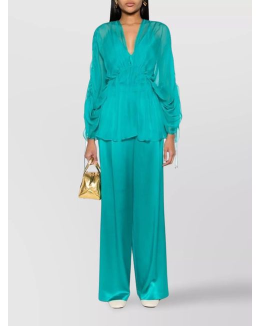 Max Mara Blue Silk High-Rise Wide-Leg Trousers