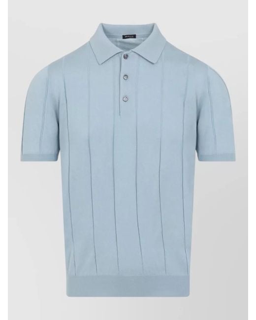 Kiton Blue Striped Ribbed Cotton Short-Sleeve Polo Shirt for men