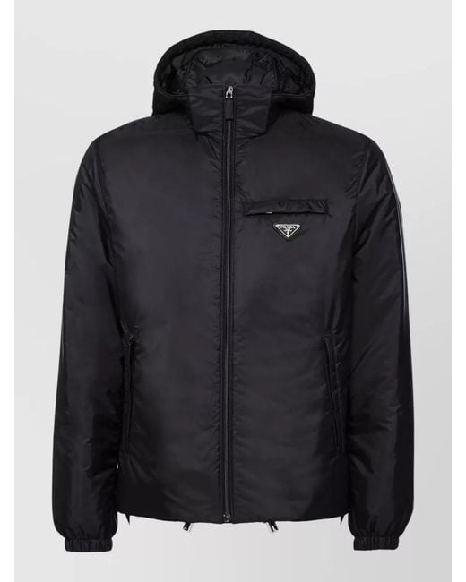 Prada Black Hooded Coat Elasticated Cuffs Side Pockets for men