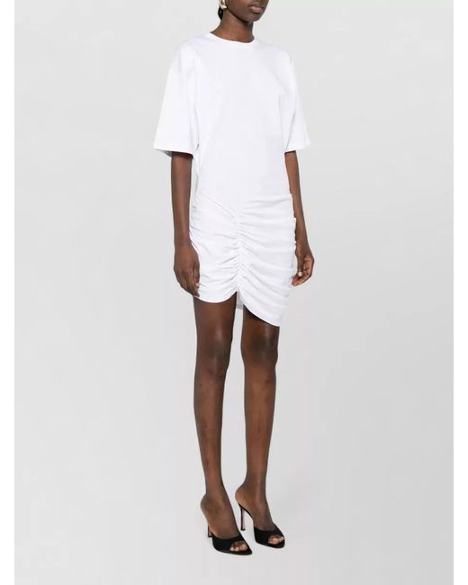 Balmain White Knee Length Dress Round Neckline Ruched Hem