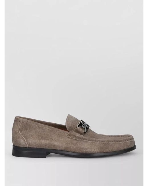 Ferragamo Gray Loafers Round Toe Suede Metallic Buckle for men