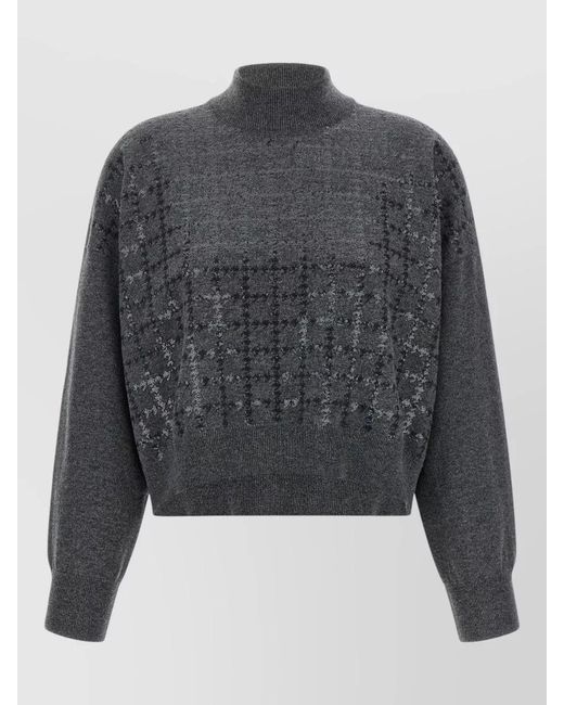 Brunello Cucinelli Gray Cashmere Ribbed Turtleneck Sequin Loose-Fit Sweatshirt