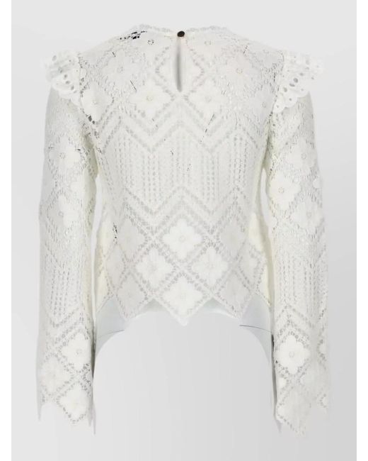 Self-Portrait White Crochet Lace Top Long Sleeves Ruffle