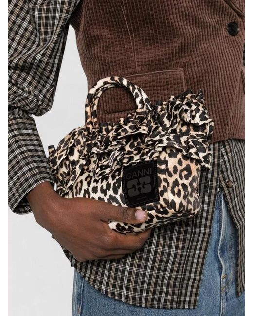 Ganni Black Mini Shopper Bag Leopard Print Ruffles Strap