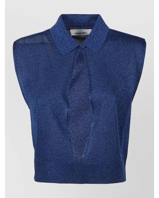 Circus Hotel Blue Sleeveless Lurex Knit Top Wide Front