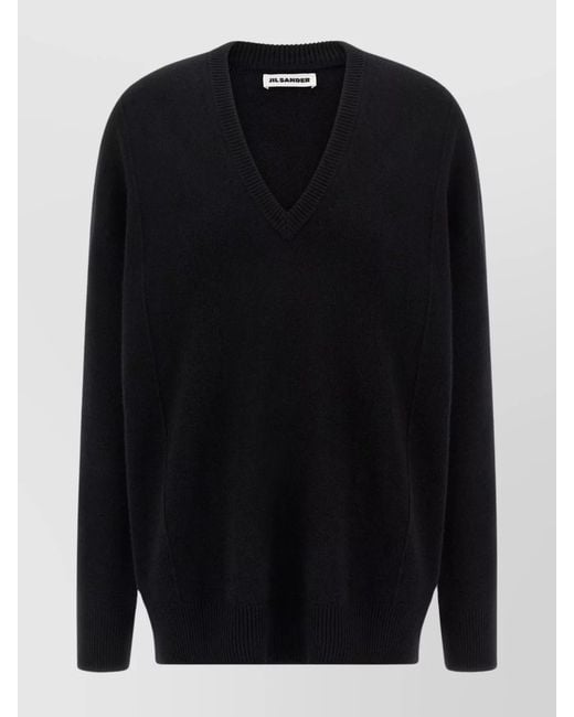 Jil Sander Blue Wool Cashmere Ribbed V-Neck Oversized Jumper