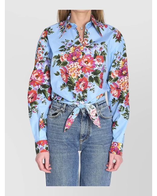 Dolce & Gabbana Blue Floral-Bouquet-Print Cotton Cropped Knot-Detail Shirt