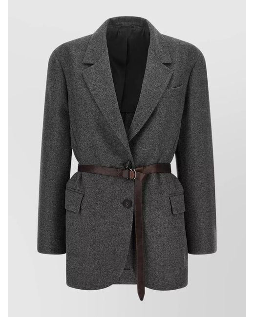 Brunello Cucinelli Black Tailored Blazer Mirror Lapels Leather Belt