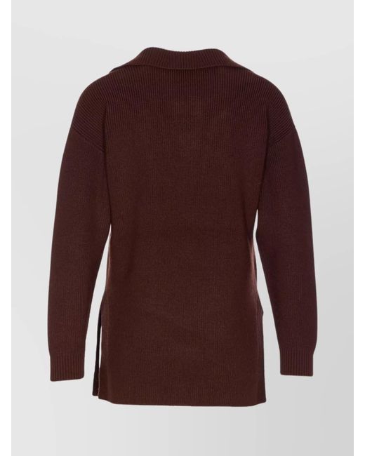 Elisabetta Franchi Brown Knitwear Collared Design Long Sleeves Ribbed Texture V-Neckline
