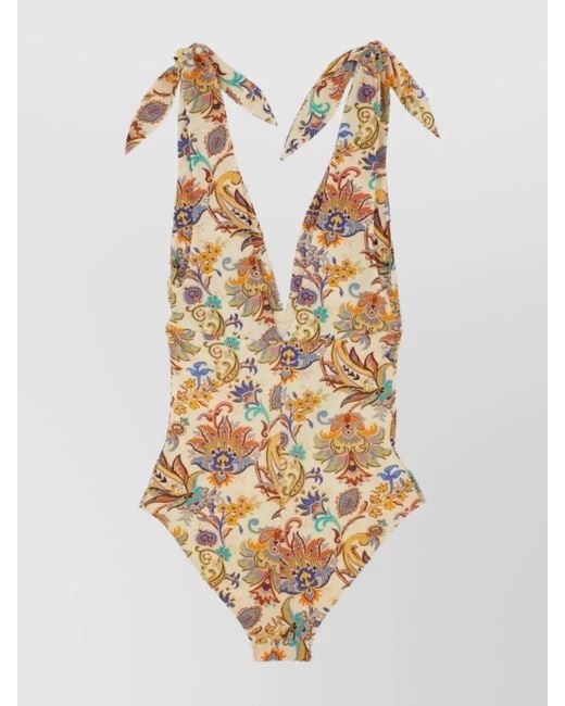 Etro Metallic Floral Deep V-Neck Swimsuit