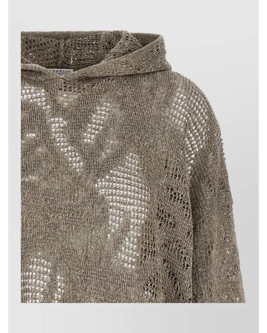 Brunello Cucinelli Gray Hooded Floral Openwork Knit Sweater