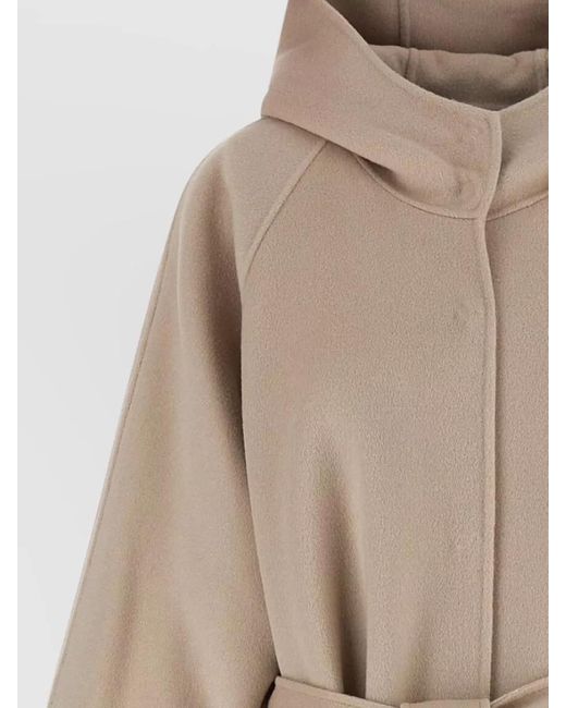 Pinko Natural Long Hooded Coat Belted Waist Raglan Sleeves