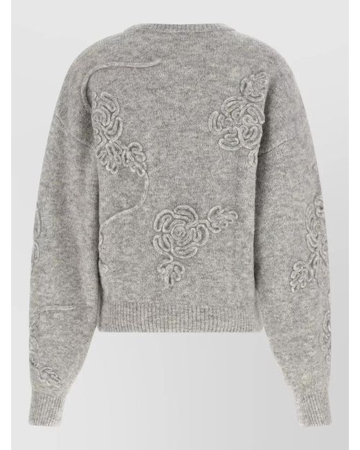 ROTATE BIRGER CHRISTENSEN Gray Flower Motif Cropped Knit Crew Sweater