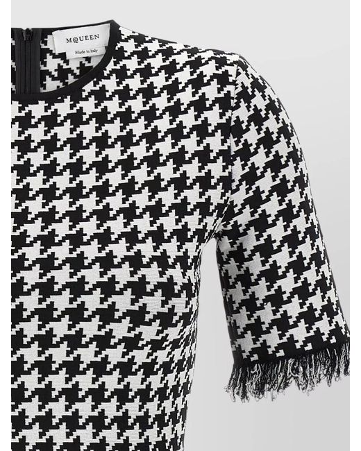 McQueen Black Short Sleeve Dress Houndstooth Fringe Detail