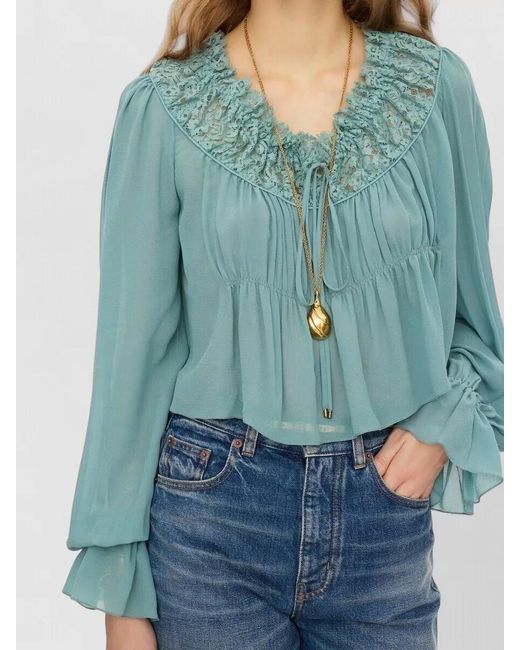 Chloé Blue Scoop Neck Cropped Silk Georgette Lace Top