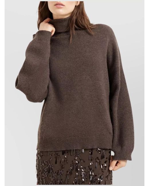 Brunello Cucinelli Brown Cashmere Ribbed Cuffs Turtleneck Jumper
