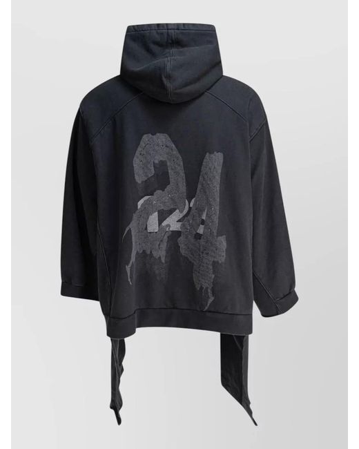 RRR123 Black Longline Hooded Sweatshirt Asymmetrical Hem Graphic Pocket for men