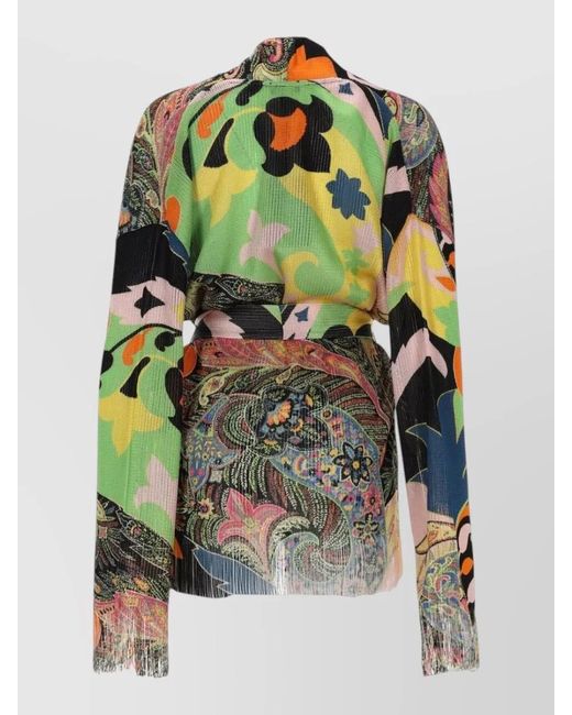 Etro Multicolor Jacket Belted Waist Fringe Hem Paisley