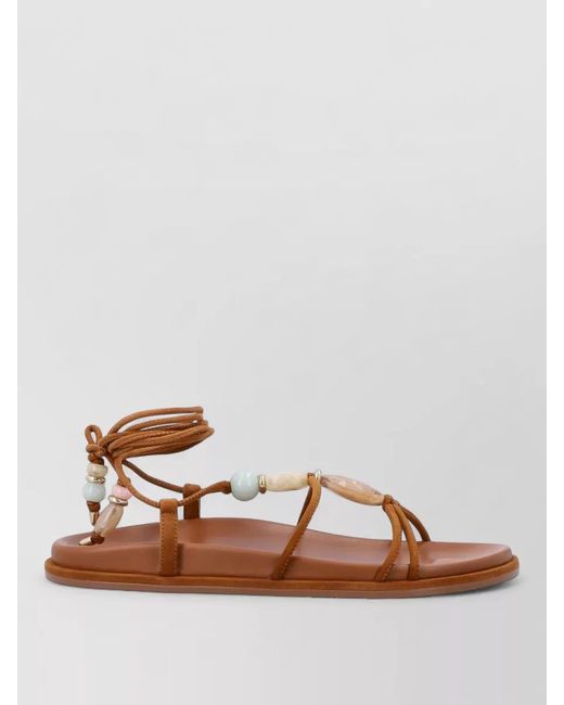 Stuart Weitzman Brown Majorca Flat Beaded Ankle Wrap Sandal