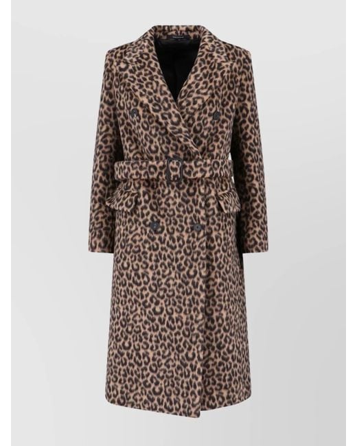 Tagliatore Brown Leopard Print Belted Waist Long Jacket