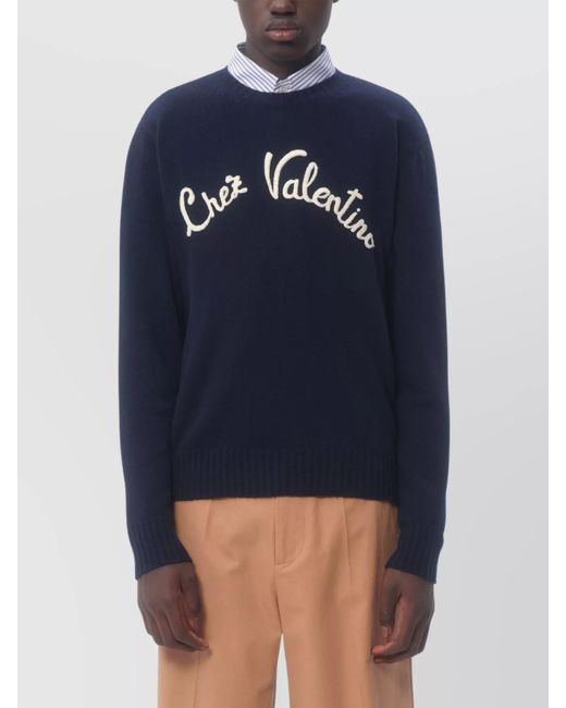 Valentino Garavani Blue Fine-Knit Wool Crew-Neck Sweater for men
