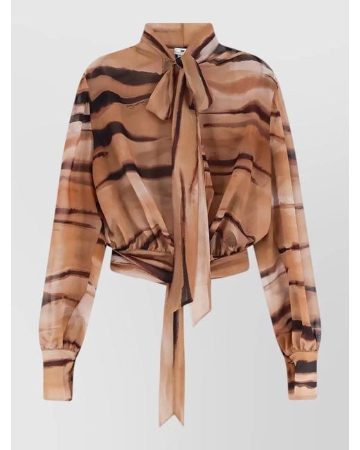Elisabetta Franchi Brown Cropped Shirt Animalier Print Bow Tie Waist