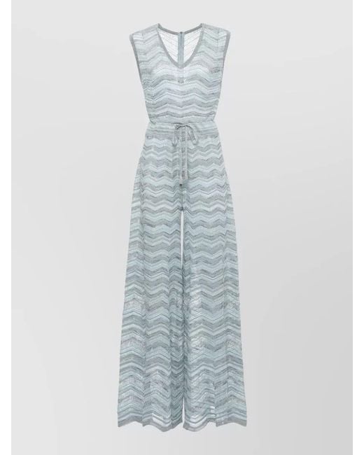 D.exterior Blue Lurex Chevron Sleeveless Jumpsuit Waist Tie