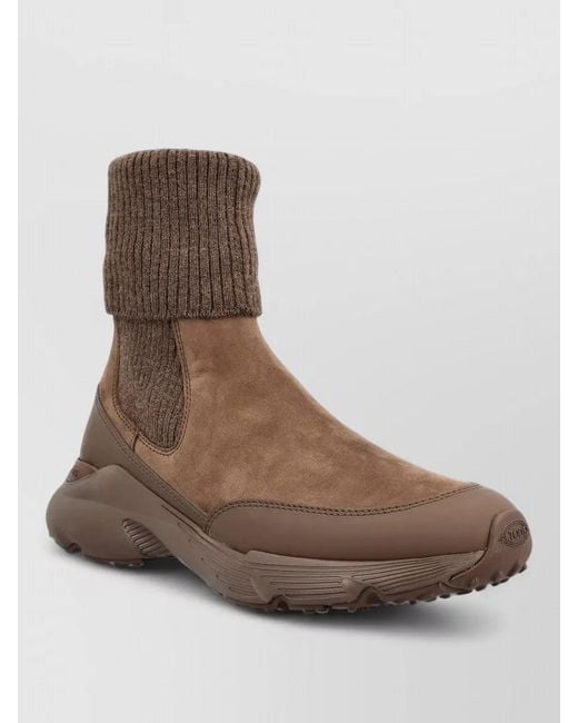 Tod's Brown Leather Ribbed-Knit Slip-On Sneakers