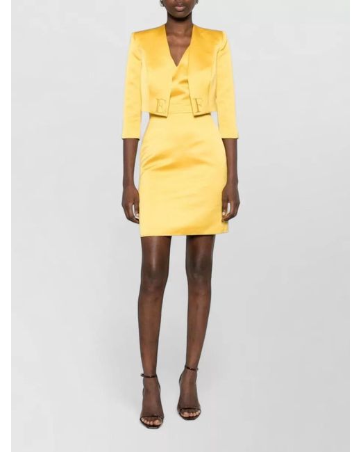 Elisabetta Franchi Yellow Embroidered V-Neck Knee-Length Dress