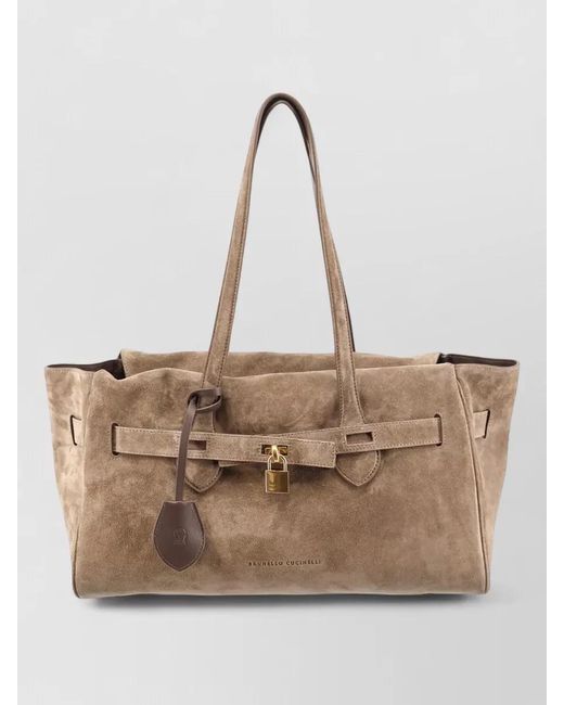 Brunello Cucinelli Natural Suede Tote Bag Dual Handles Padlock