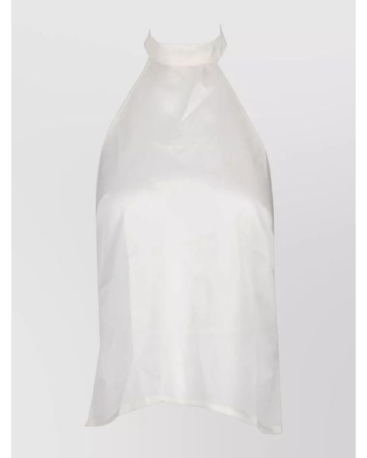 LA ROSE White Silk Tank Top Fitted Halter Neckline