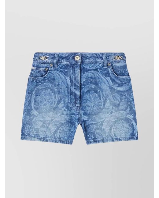 Versace Blue Denim Printed Thigh-Length Shorts