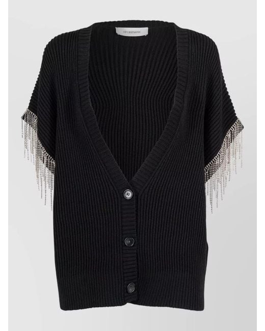 Sportmax Black Wool Cardigan Rhinestone Removable Sleeves V Neck