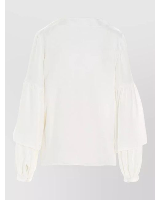 DI.LA3 PARI' White Silk Shirt Puff Sleeves V Neckline