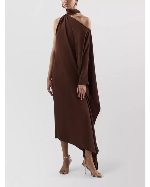 Taller Marmo Brown Atlas Asymmetric Off-Shoulder Gathered Midi Dress