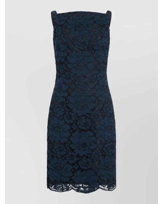 Patou Blue Lace Dress Square Neckline Sleeveless Knee Length