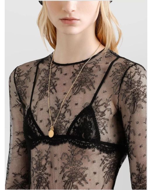 Dolce & Gabbana Gray Floral Lace Long-Sleeve Bodysuit