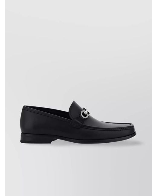 Ferragamo Black Block Heel Leather Loafers With Metal Detail for men