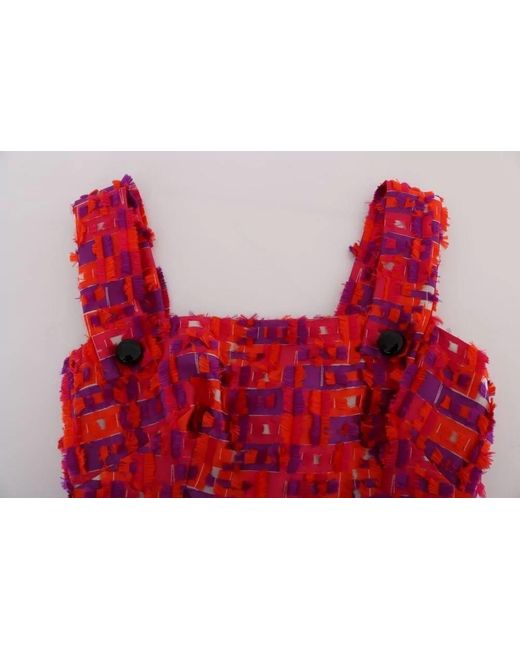 Dolce & Gabbana Red Silk Patterned Sleeveless Square-Neck A-Line Knee-Length Dress