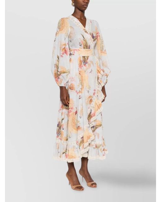 Zimmermann White Cotton Floral-Print Wrap Midi Dress