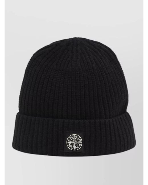 Stone Island Black Logo Wool Beanie Hat Folded Cuff for men