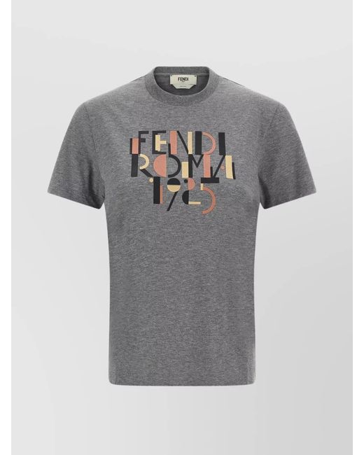 Fendi Gray Cotton Printed Embroidered T-Shirt