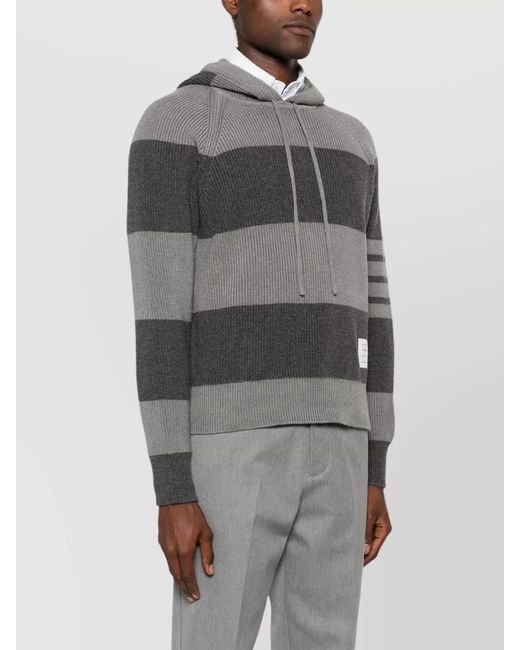 Thom Browne Gray Cashmere Striped Ribbed-Knit Hoodie for men