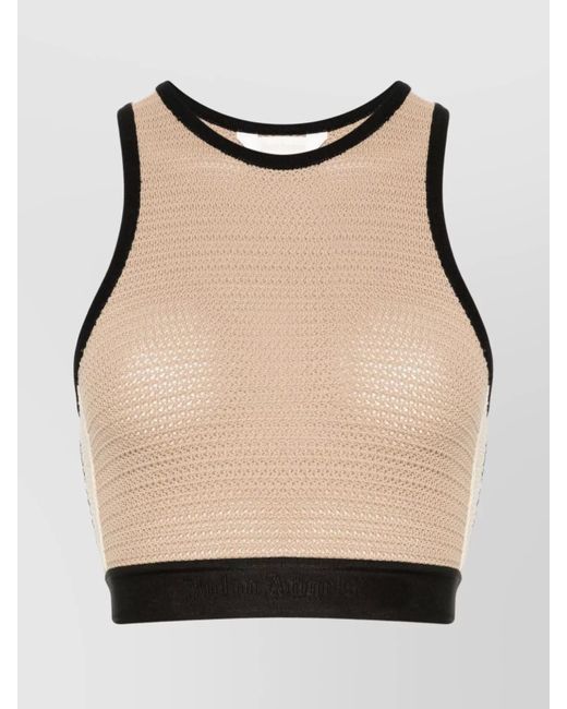 Palm Angels Natural Cotton Crochet-Knit Logo-Tape Cropped Tank Top